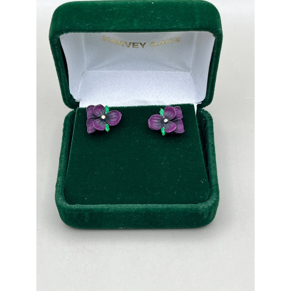 Purple Violet Pansy Flower Stud Earrings Rhinestone Center Green Velvet Box